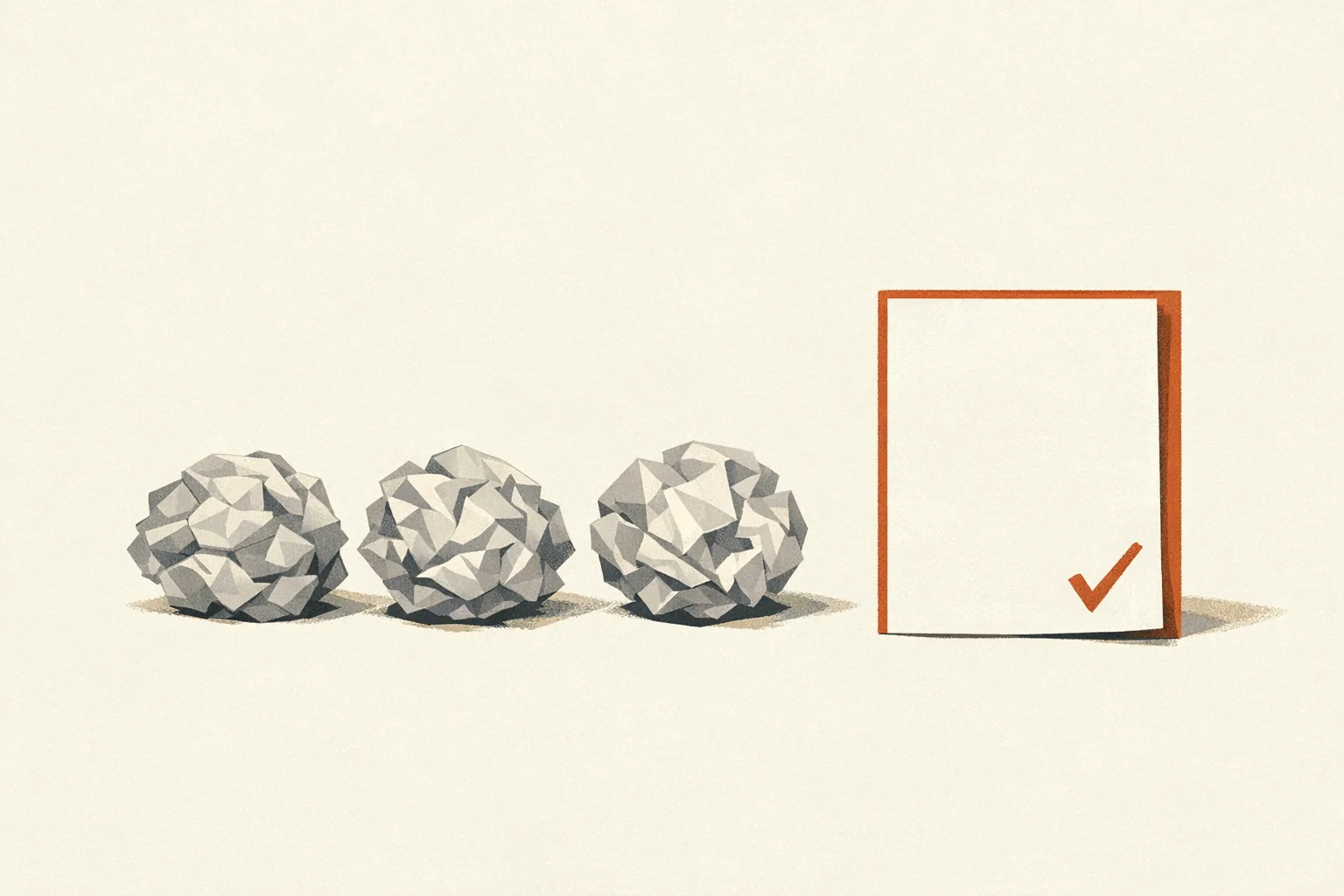 Editorial illustration of three crumpled grey paper balls in a row beside one clean upright sheet with a rust border and a rust check mark.