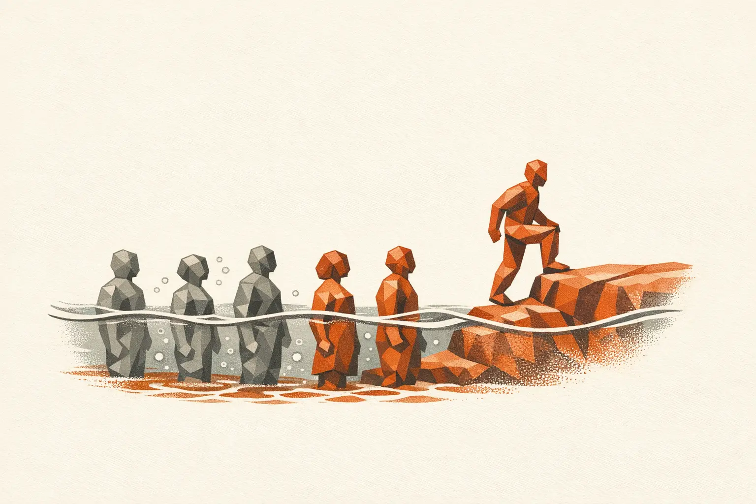 Editorial illustration of faceted figures standing in a rising waterline while one steps up onto a higher rock ledge above the water.
