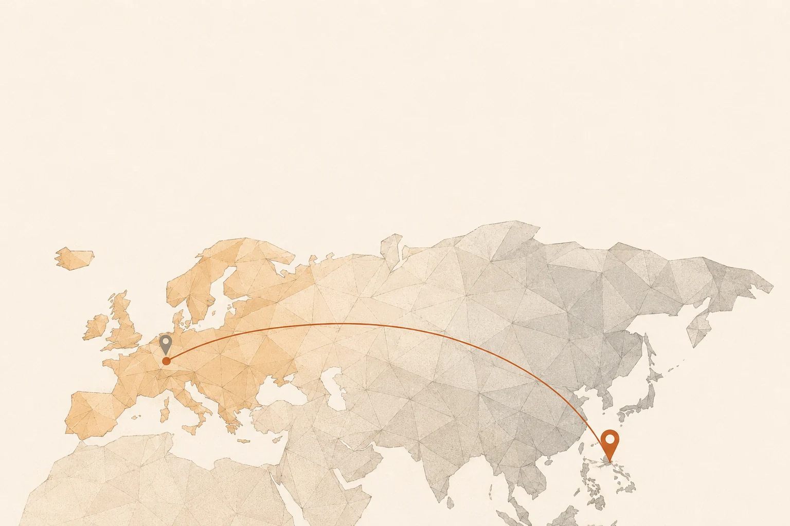 Editorial illustration: a low-poly map fading from warm sand Europe to grey Asia; a grey location pin sits right beside a rust hub while a single rust pin far to the southeast is linked to it by a thin rust arc — the near competitor versus your longer reach.