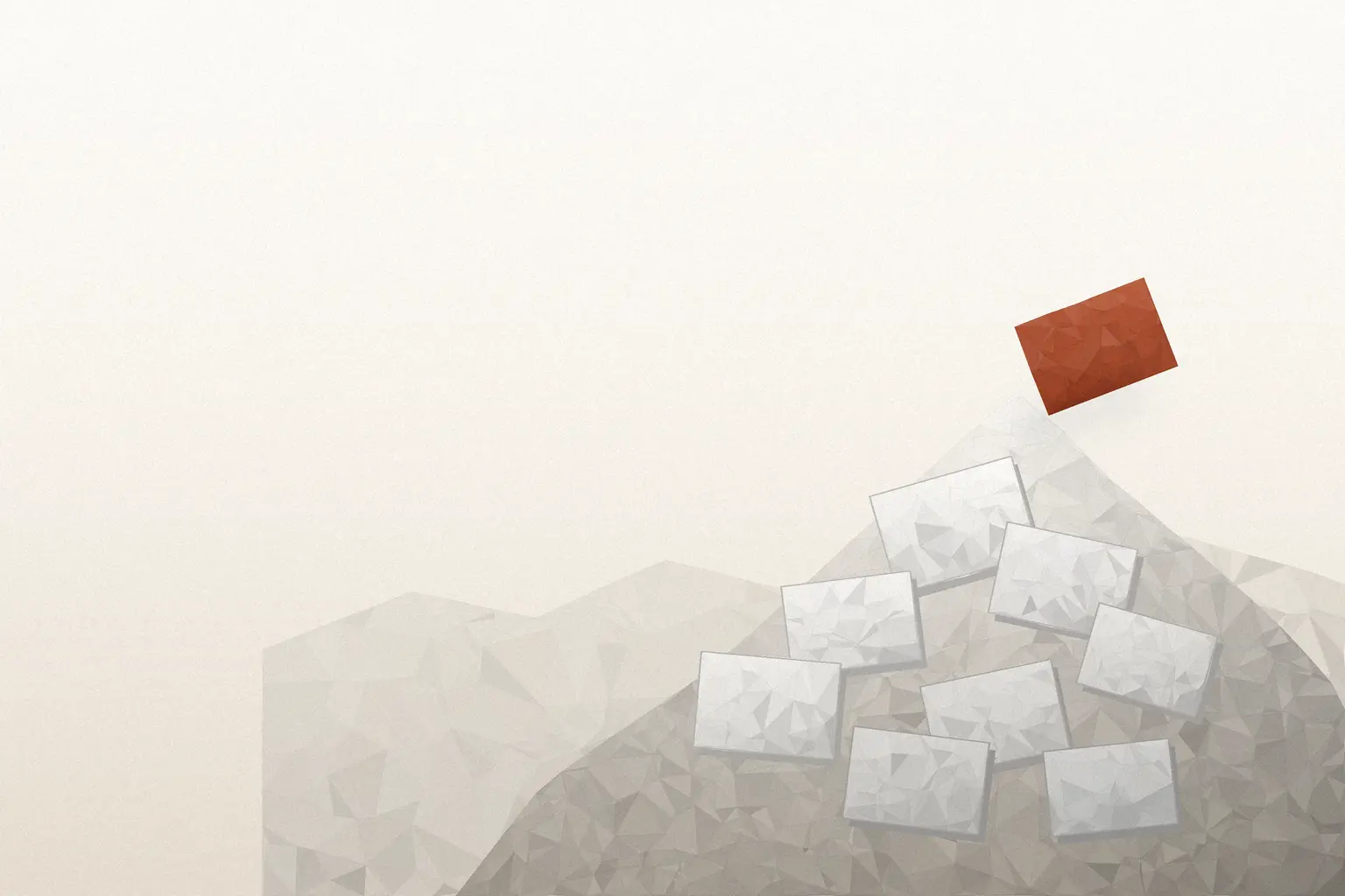 Editorial illustration: a faceted paper document falling into a dark void, with a single rust-coloured envelope caught on the edge above it — the one application that landed versus the many that vanished.