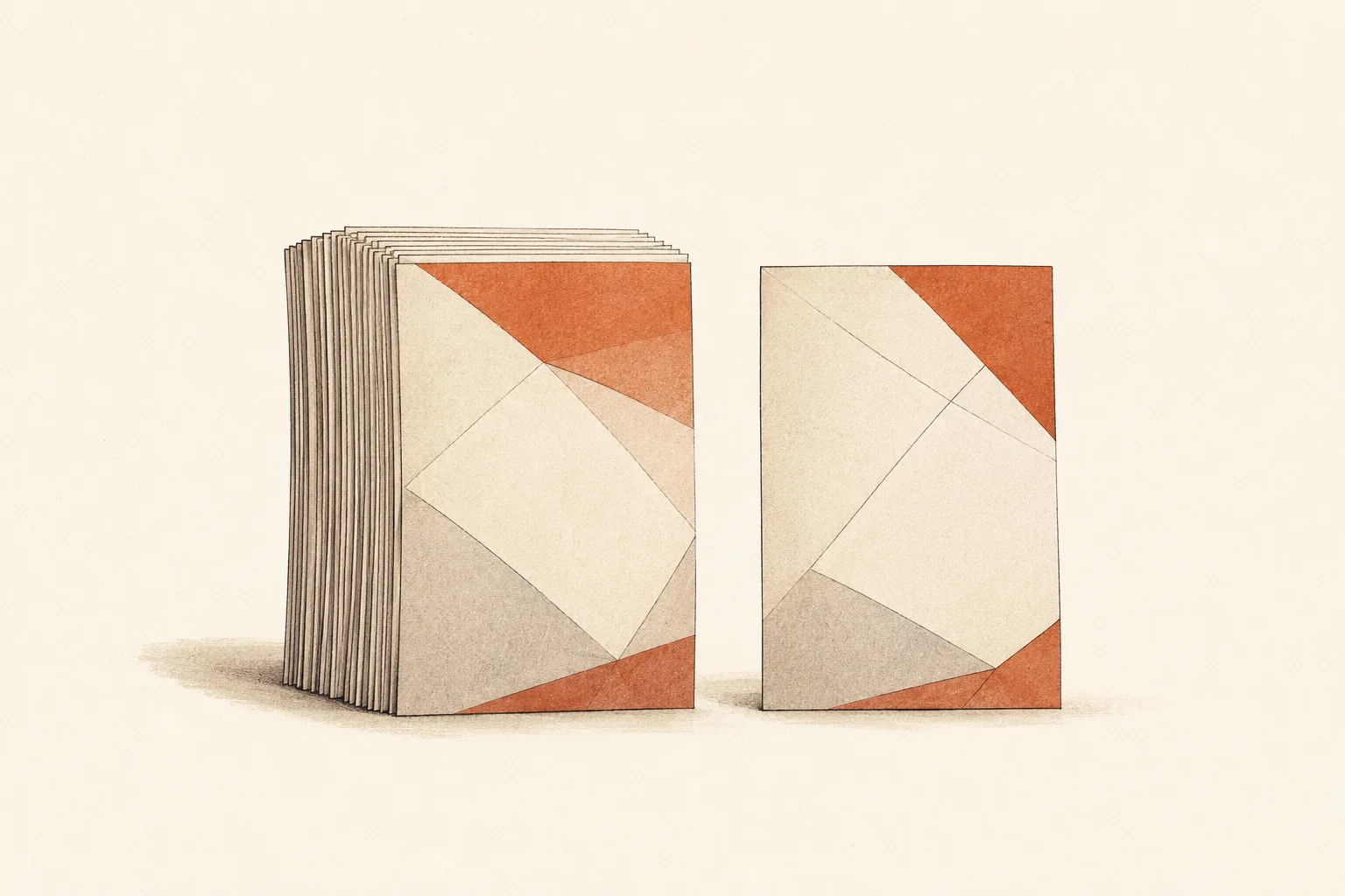 Editorial illustration: two faceted paper documents standing side by side at the same height and width, the left a thick layered stack of many pages, the right a single thin sheet - the same number, with half the package removed.