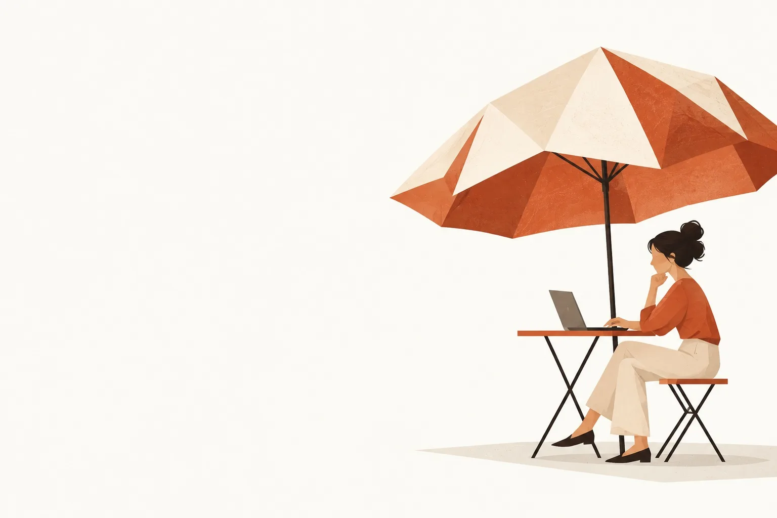 Editorial illustration: a woman working at a laptop at a small table, sheltered beneath a large faceted rust and cream umbrella.