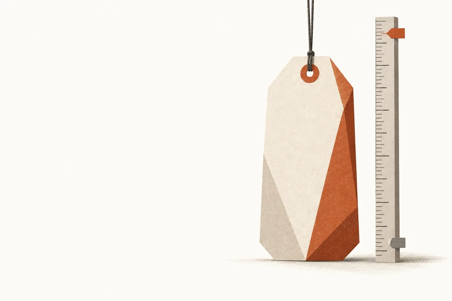 Editorial illustration: a tall faceted paper price tag hanging beside an upright measuring ruler, with a rust marker clipped near the top of the ruler and a small grey marker near the bottom.