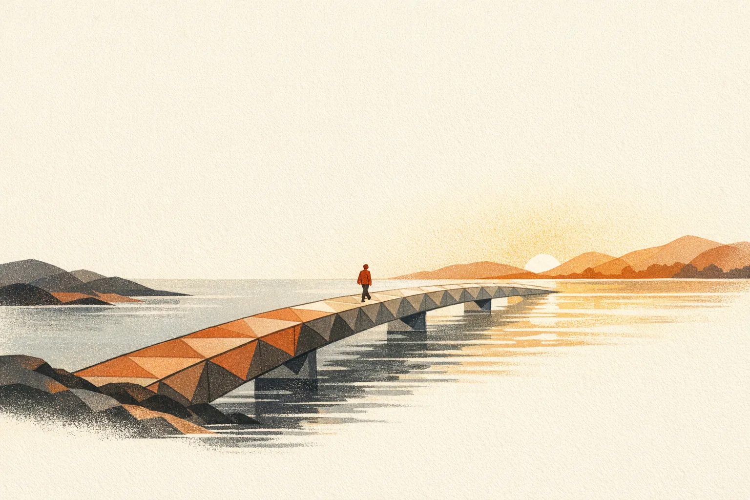 Editorial illustration of a lone rust-coloured figure walking across a faceted footbridge over calm water toward a warm sunrise on the far shore.