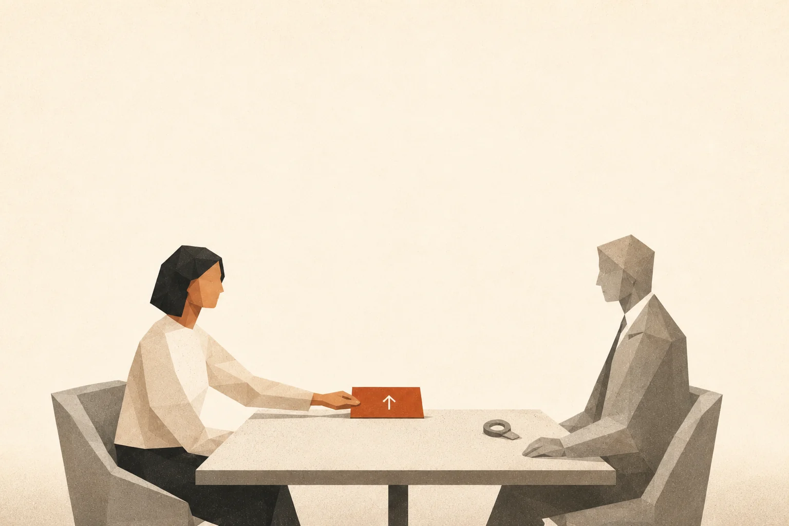 Editorial illustration: a calm faceted figure in rust slides a card bearing an upward arrow across a plain table to a grey figure, while a small grey location pin sits detached and set aside — value anchored to the role, not the postcode.