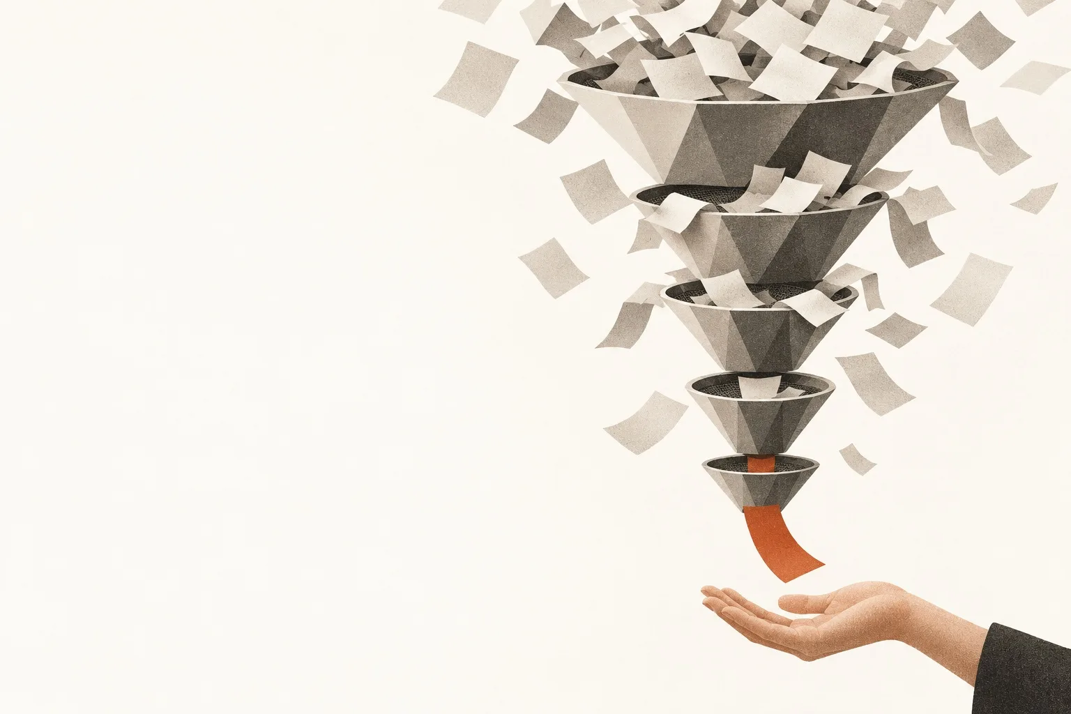 Editorial illustration: five stacked faceted funnels catching a flurry of grey paper sheets, with a single rust sheet passing through the last filter into an open hand.