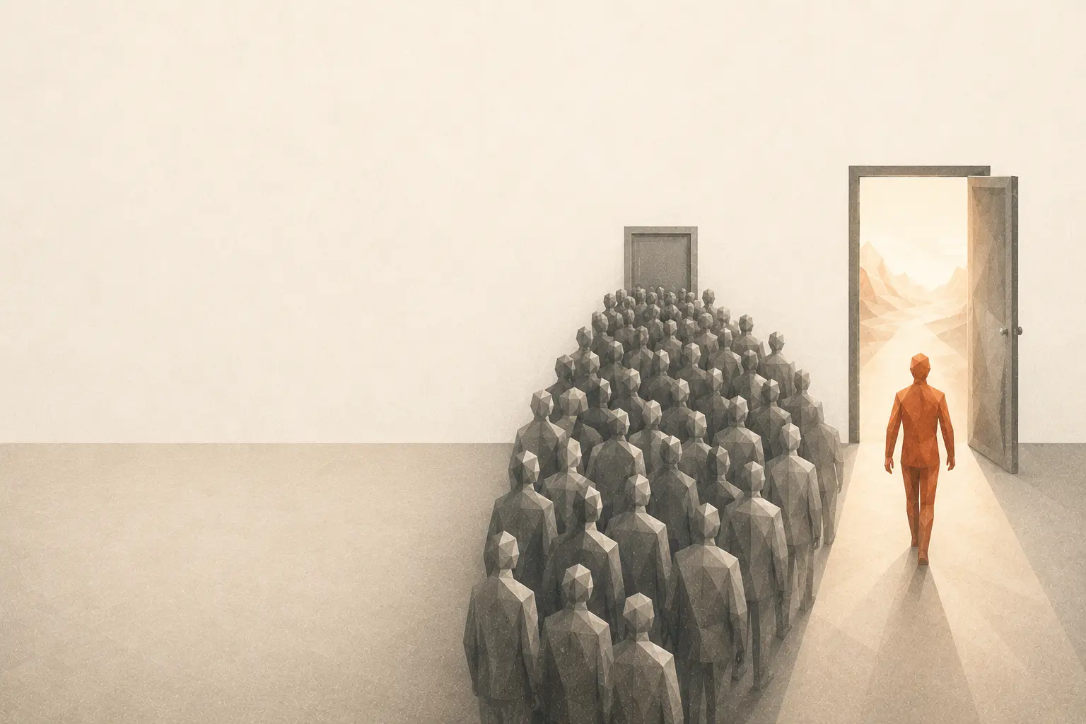 Editorial illustration of a large crowd waiting at a closed door while one person walks through a separate open, glowing doorway.