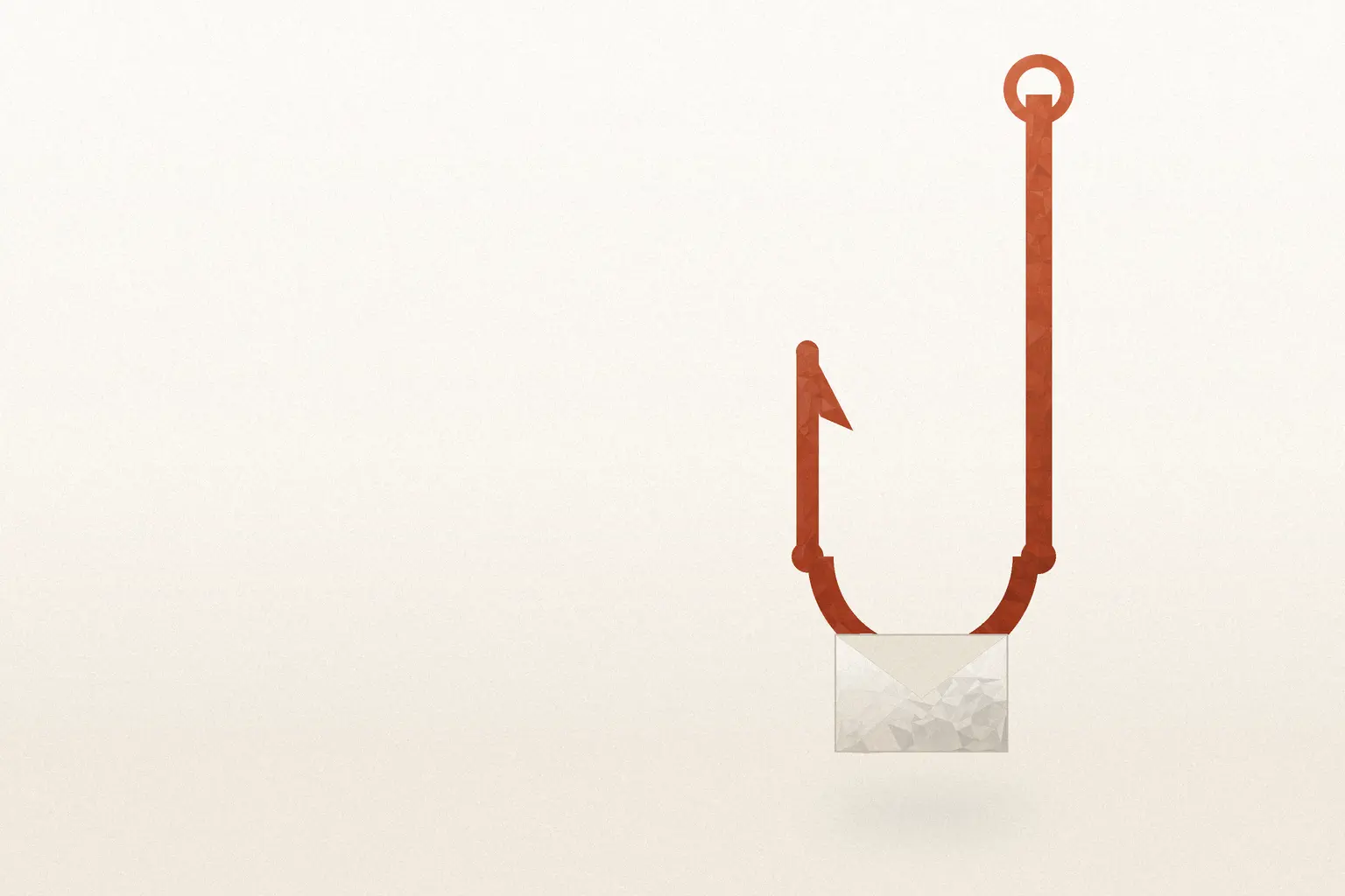 Editorial illustration: a faceted open envelope on warm cream, with a small rust hook curving out of it like a fishing line — the offer and the catch, drawn as one shape.