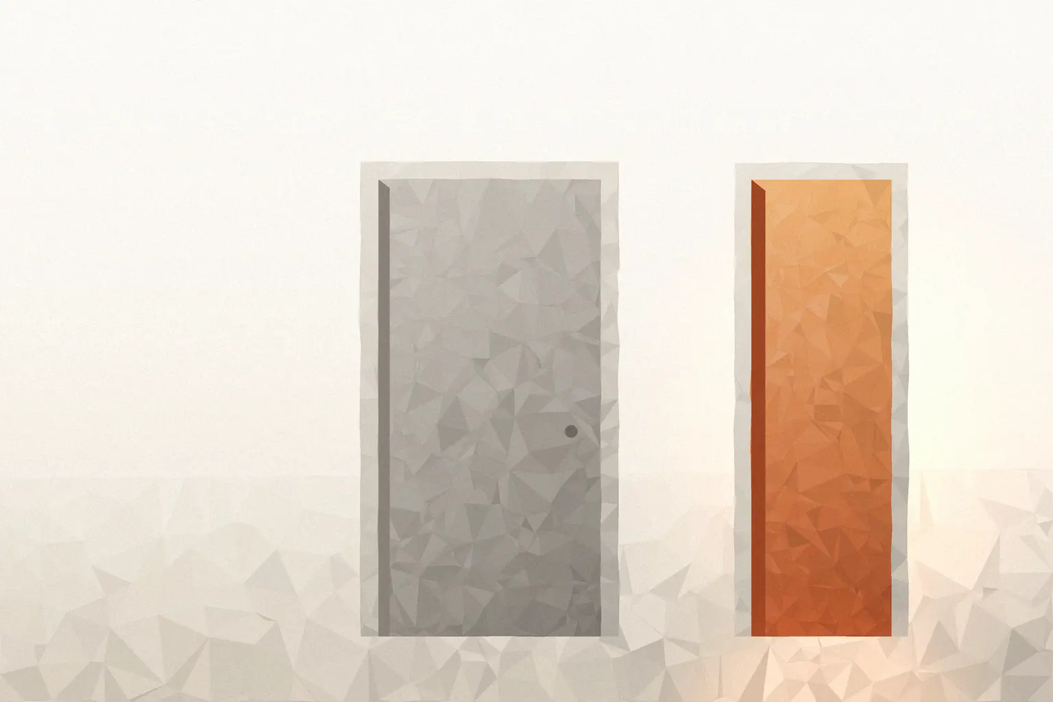 Editorial illustration: two doorways side by side on a warm cream field — a large grey doorway with a queue of small faceted figures, and a narrower rust-lit doorway with a single figure walking through alone.