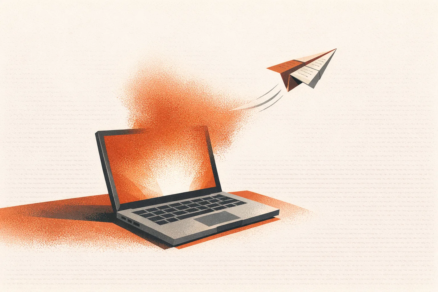 Editorial illustration of an open laptop glowing with warm rust light while a paper plane folded from a document flies up and away toward open sky.