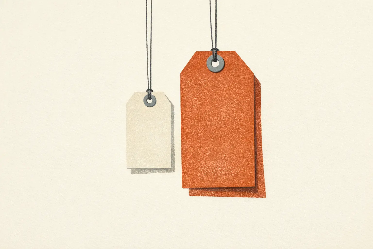 Editorial illustration of two paper price tags hanging side by side — a small plain tag and a much larger rust-coloured one — for the same work.