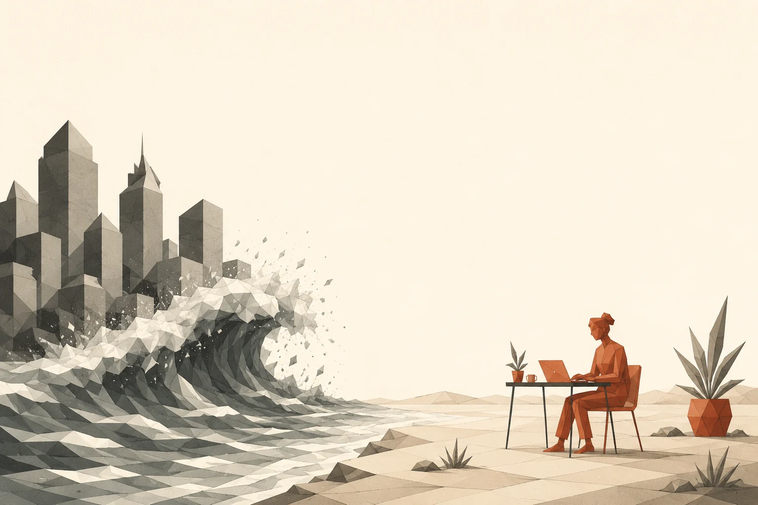 Editorial illustration split down the middle: on the left, grey faceted office towers struck by a churning grey wave; on the right, a calm cream half where a single rust faceted figure works at a small desk under open sky — the wave hits only one shore.
