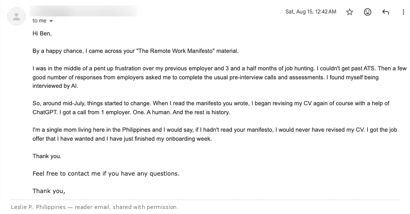 Screenshot of a reader's email with the sender details blurred out. She describes three and a half months of applications with no responses, being interviewed by an AI, then rewriting her CV in July and getting one call from a human.