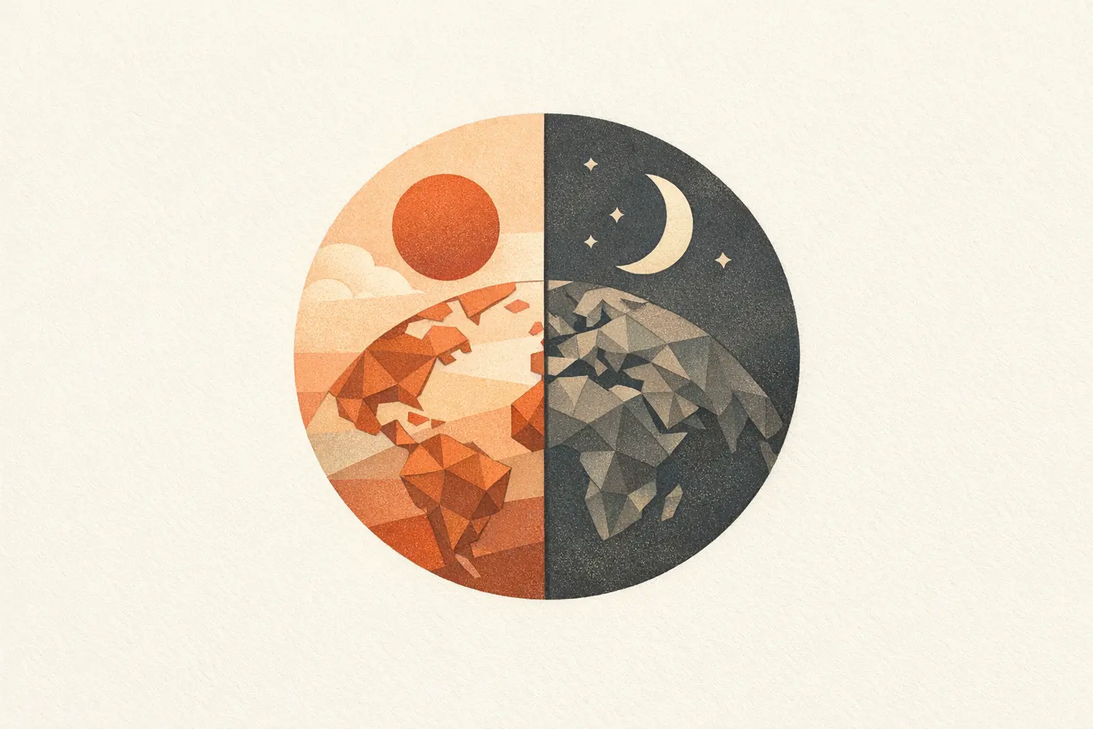 Editorial illustration of a single globe split down the middle into a warm sunlit day half and a dark, starlit night half.
