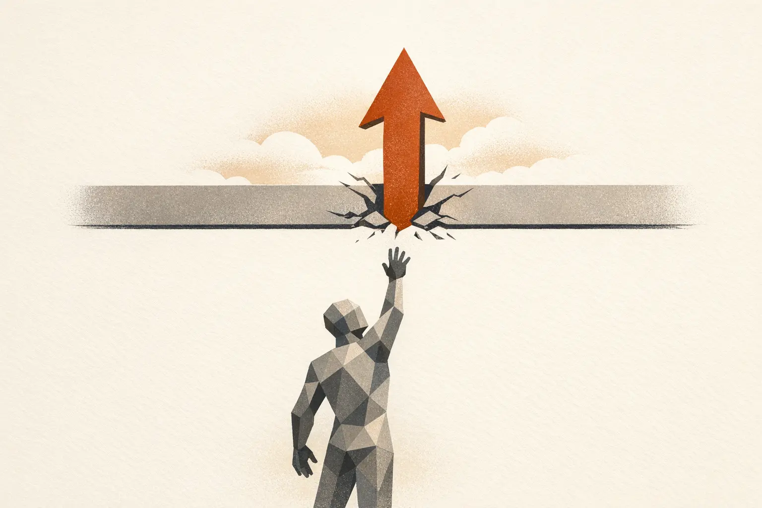 Editorial illustration of a lone figure reaching upward as a rust arrow breaks cleanly through a low horizontal ceiling line into open sky.