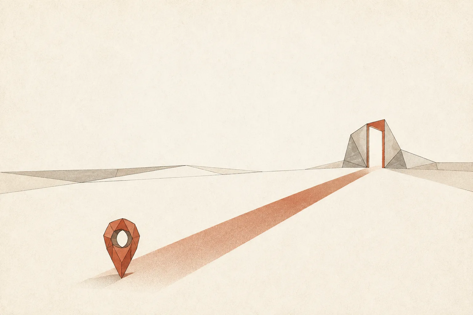 Editorial illustration: a small faceted map location pin casting one long rust-coloured shadow that stretches far ahead of it toward a distant open doorway - the disclosure arriving long before you do.