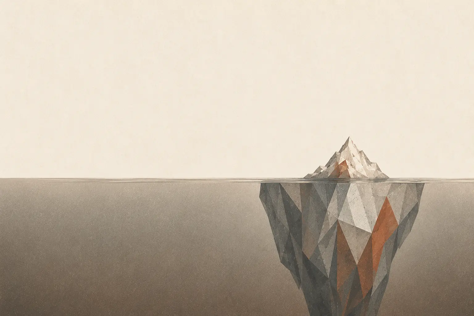 Editorial illustration of an iceberg — a small tip above the waterline, a much larger faceted mass hidden below the surface.